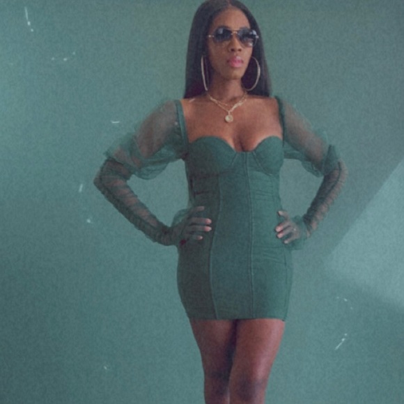 Emerald Mesh-Sleeve Corset Mini Dress | Luxe Holiday / NYE / Party Dress –Size M - Picture 4 of 16